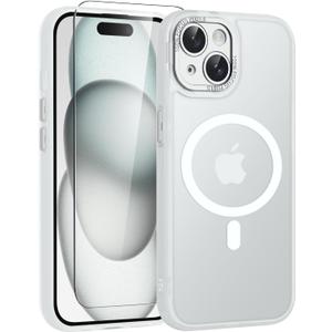 3 x WRJ for iPhone 15 Case, Slim Translucent Matte Magnetic Case for Women Men [Compatible with Magsafe][Enhanced Camera Protection] Anti-Fingerprints Shockproof Cover with Screen Protector-Transparent