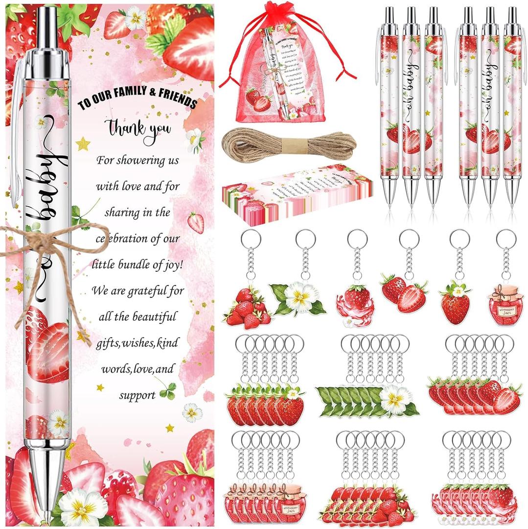 145 Pieces Baby Shower Gifts for Guest Strawberry Ballpoint Pens and Keychains Favors for Girls Bulk Retractable Baby Shower Pens Gender Reveal Thank You Cards Souvenirs Prizes
