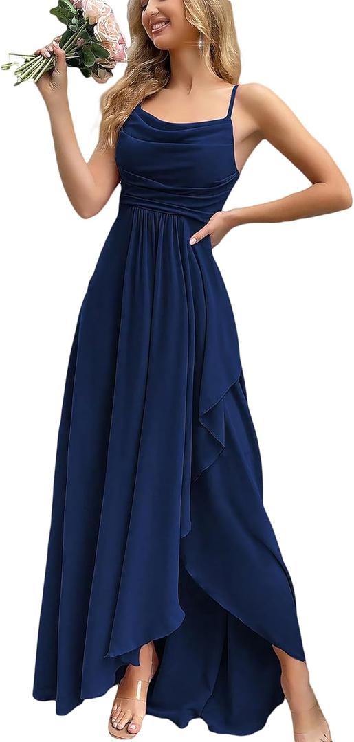 Women's 2026 Spring Formal Evening Gown Elegant Long Prom Dress Wedding Guest Party Cocktail Bridesmaid Maxi Dress (Navy Blue, Small)