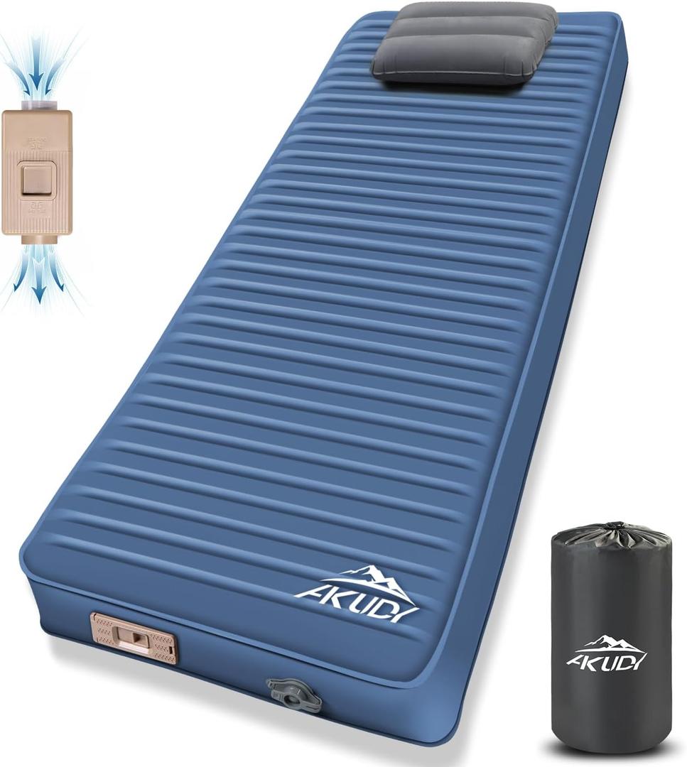 Self Inflating Sleeping Pad with Electric Pump, 4" Ultra-Thick Memory Foam Camping Pad with Pillow, 9.5 R-Value Insulated Camping Mattress, Navy Blue, Single