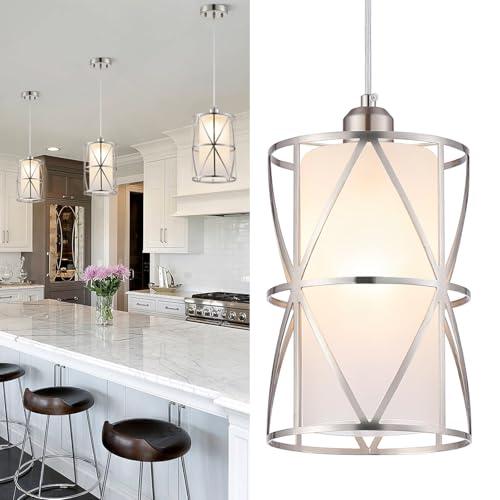 Zlierop Pendant Lights Kitchen Island with Frosted Glass, Brushed Nickel Hanging Kitchen Lights, Cylindrical Modern Pendant Light, Kitchen Pendant Lighting Over Island, Foyer, Dining Room, Entryway