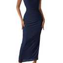 PRETTYGARDEN Women's Summer Wedding Guest Dress Strapless Tube Top Maxi Bodycon Long Mesh Beach Vacation Party Dresses (Solid Navy,Medium)