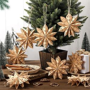 Leinuosen 12 Pcs Mini Christmas Snowflake Ornament 3D Mini Paper Star Ornament Paper Hanging Decorations for Christmas Tree Boho Style Indoor Home Decor Vintage Farmhouse Decorations(Brown)