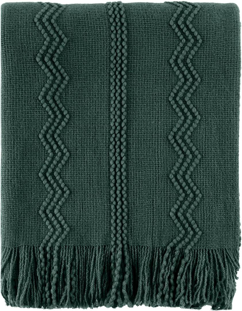 BATTILO HOME Christmas Dcor Green Throw Blanket with Fringe, Geometric Bed Throws Dark Green Throws Decorative Throw Blanket for Couch, 50"x60"