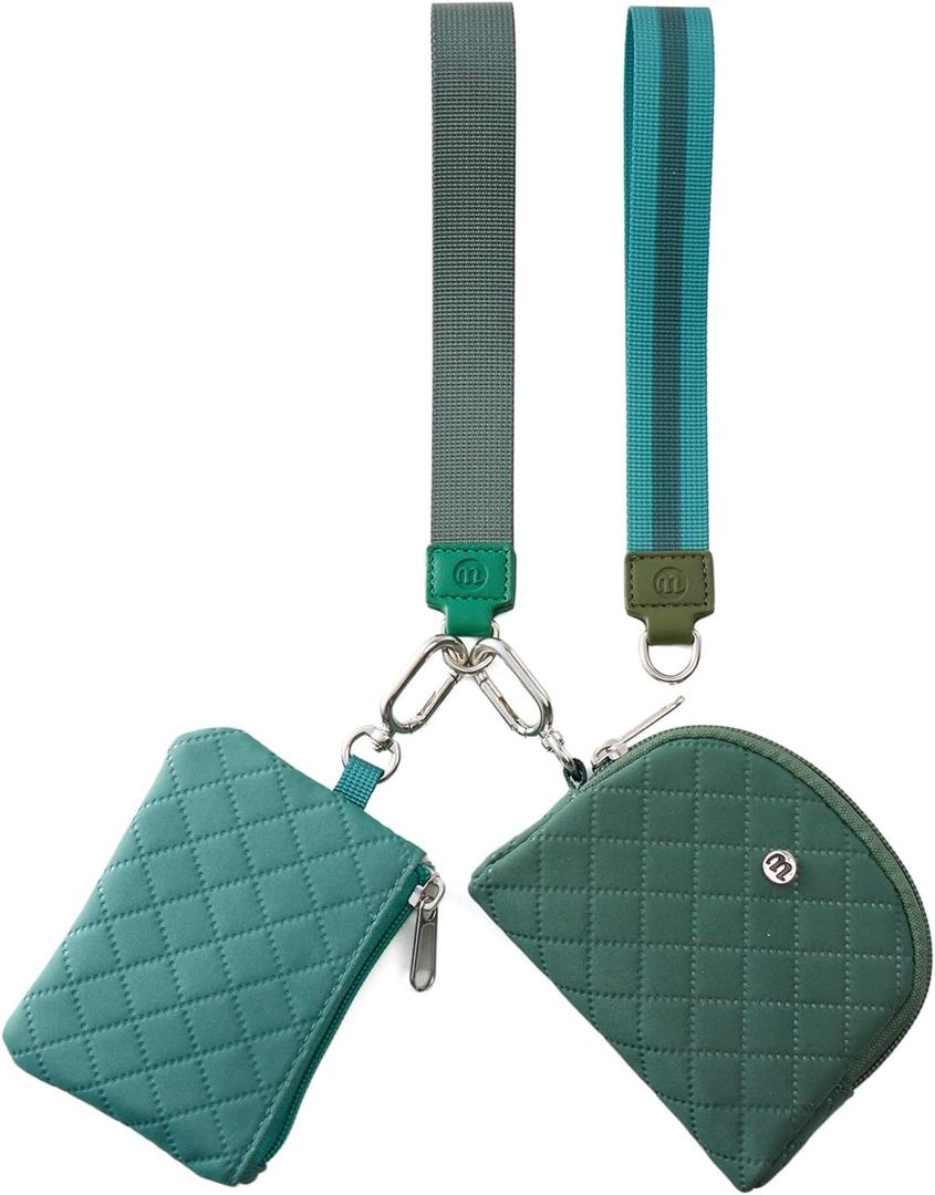 Mini Dual Pouch Wristlet Wallet for Women  Zip Around wristlet Keychain Wallet with 2 Wristlets, Ideal for Dog Walking, Coffee Runs & Lunch Break Essentials (Green+Teal)