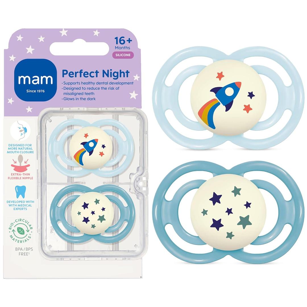 MAM Perfect Baby Pacifier 16+ Months, Extra Thin Nipple, Developed with Orthodontists, Clinically Proven, Glows in The Dark, BPA-Free Silicone, Pack of 2, Made in Europe (Blue Teal/Blue Sky)