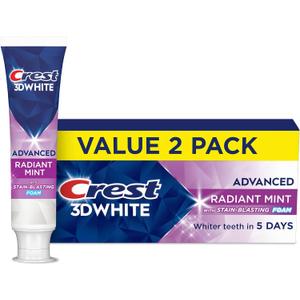 Crest 3D White Advanced Teeth Whitening Toothpaste, Radiant Mint, 3.3 oz, Pack of 2