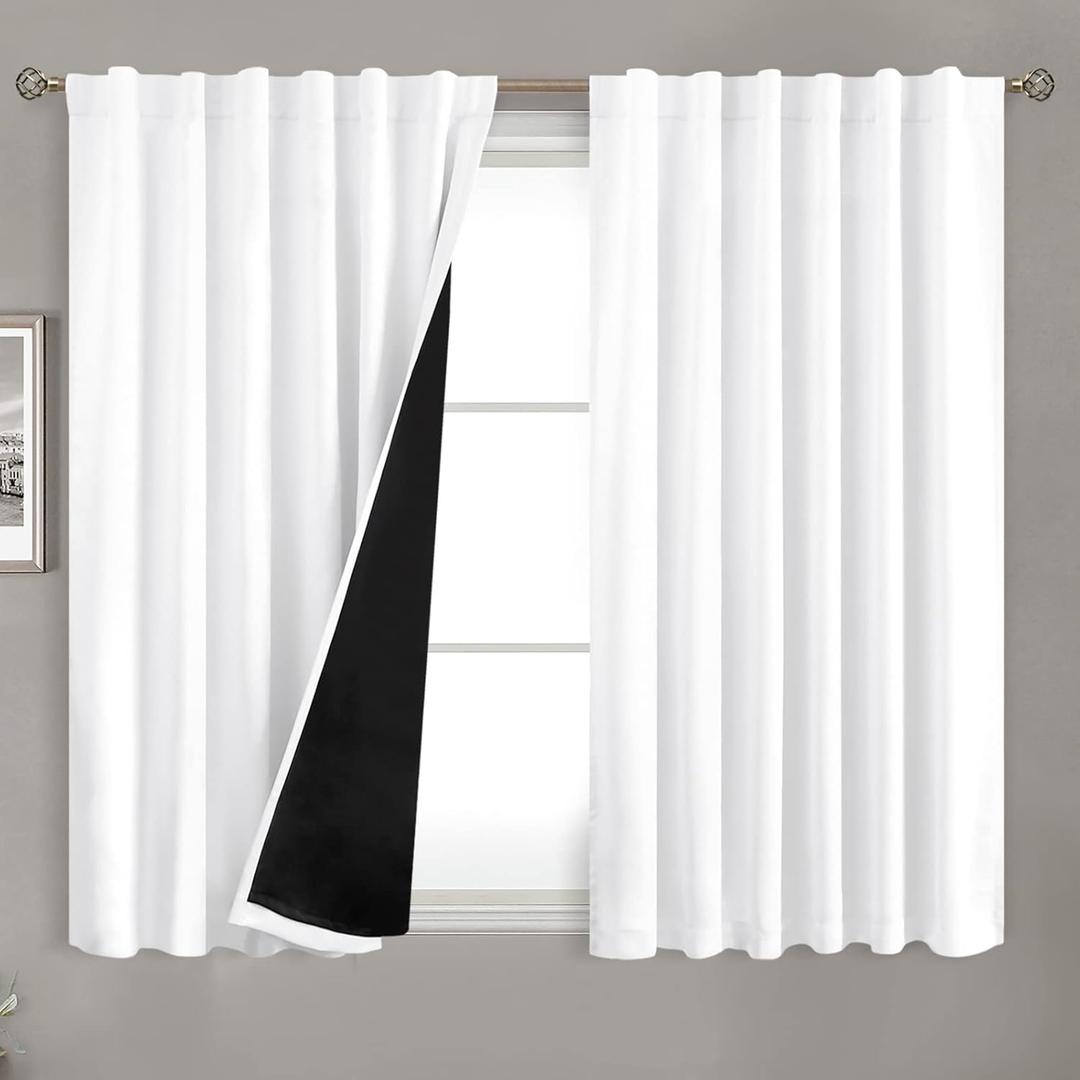 BGment 100% White Blackout Curtains 45 Inch Length for Small Windows, Rod Pocket and Back Tab Double Layer Full Room Darkening Theraml Curtains for Bedroom, 2 Panels, 52 x 45 Inch, Pure White