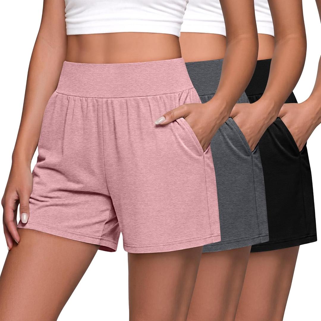 Neer 3 Pack Women's Athletic Shorts 5'' High Waisted Elastic Workout Wide Leg Causal Yoga Gym Lounge with Pockets(Black,Pink,Dark Mixed Gray,S)