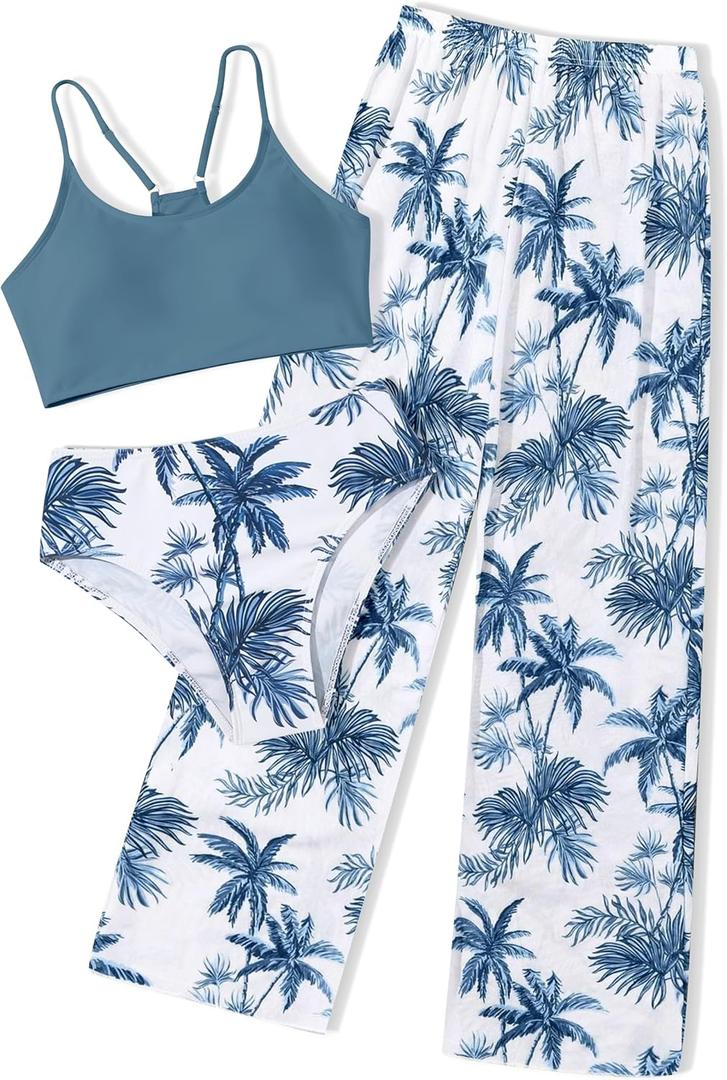 NECIOUS Girls Swimsuit, 3 Piece Bikini Bathing Suit Tropical Floral Swimwear with Cover Up Pants, (15-16 Years, Blue)