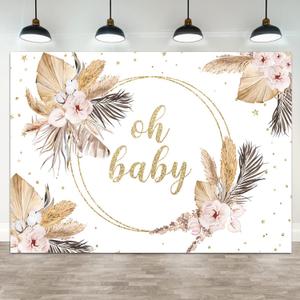 10x8ft Baby Shower Backdrop Oh Baby Photography Background Boho Pink Flower Leaves Bohemian Grass Golden Glitter Star Dot Kid Birthday Party Banner Decorations Gender Reveal Photo Booth Prop