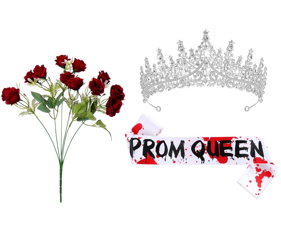 Lyrow 3 Pcs Halloween Prom Queen Crowns and Sashes Set Bloody Prom Costume Tiara Sashes Rosette Set Halloween Spooky Queen Cosplay for Party