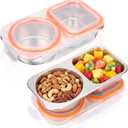 Blushtier 2 Pack Stainless Steel Snack Containers with Lids, 13.5 oz 2 Compartment Reusable Metal Snack Boxes, Leakproof Divided Food Storage Containers for Travel Office (Orange)