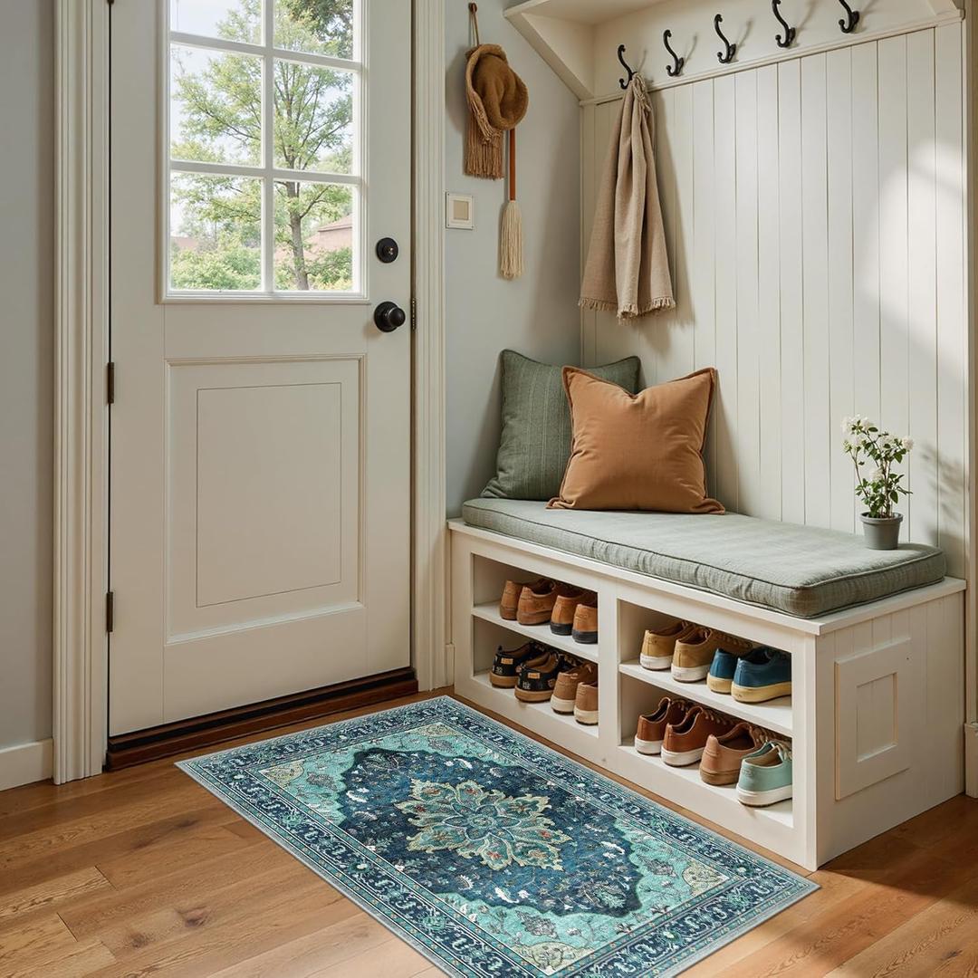 RELEANY Area Rugs 2'x4' Kitchen Rugs Entry Rug Small Rugs for Entryway Kitchen Bathroom Door Mat Indoor Entrance,Washable Non Slip, Teal Green Lake Blue Turquoise