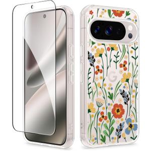 GVIEWIN for Google Pixel 10 Case/Pixel 10 Pro Case with Screen Protector, [Military Grade Drop Protection] Non Yellowing Clear Floral Slim Phone Cover for Women 2025 6.3" (Blooming Flowerets/Orange)
