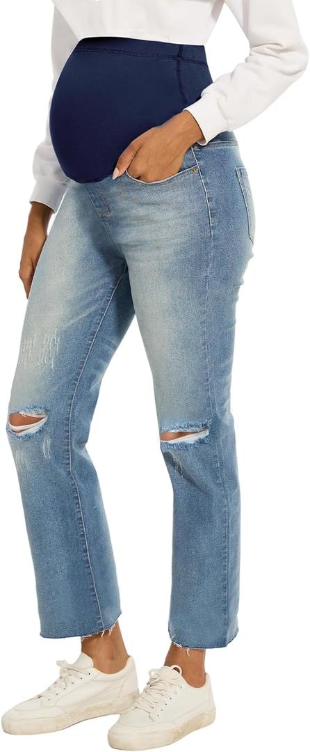 Peauty Maternity Jeans Frayed Hem Straight Leg Jeans Comfortable Stretch Over The Belly Support Pregnancy-Pants (6, Blue)