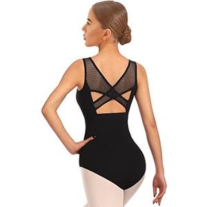 Women Ballet Lace Short Sleeve Dance Leotard Tank, Hollow Back Dancewear Size S