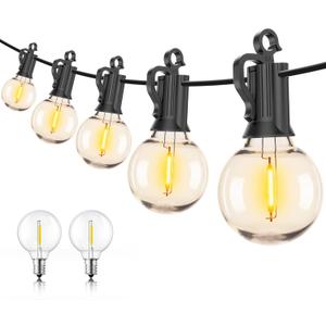 Outdoor String Lights  50ft Connectable Patio Lights with 52 G40 LED Plastic Bulbs (2 Spare) Outside Vintage Hanging Light for Backyard Bistro Balcony Porch Party Wedding, E12, 2200K, Black
