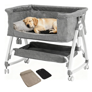 Bedside Dog Bed Co Sleeper- 6-Level Adjustable Elevated Dog Bassinet for Small Medium Dogs & Cats, Pet Bed Attachment to Human Bed, Lockable Wheels, 2 Removable & Washable Cushions