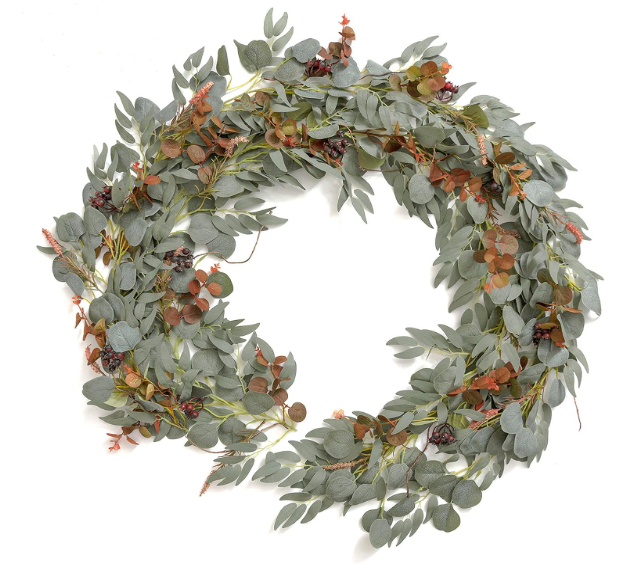 Ling's Moment Eucalyptus Flower Greenery Garland with Willow Leaves 2pcs, 5.9ft Hanging Italian Ruscus Vines Rustic Wreath Swags for Table Centerpieces Wedding Arch Decor, Terracotta Flowers