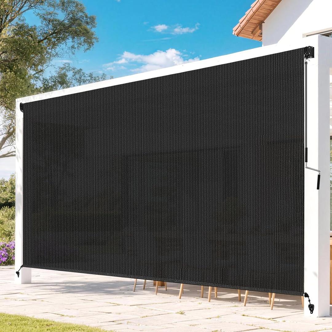 Outdoor Roller Shades for Patio, 9' W x 8' H Cordless Patio Shades Roll Up Outdoor Blinds with Splicing Design, 90% UV Protection for Porch Gazebo Pergola, Black, 108"W x 96"H