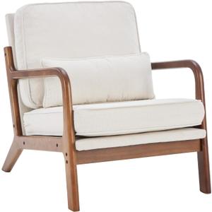 DUMOS Mid Century Modern Chair, Accent Chair with Arms and Waist Cushion, Reading Chairs for Adults, Lounge Chair for Living Room and Bedroom, Solid Wooden Frame, Cream (1 Pack)