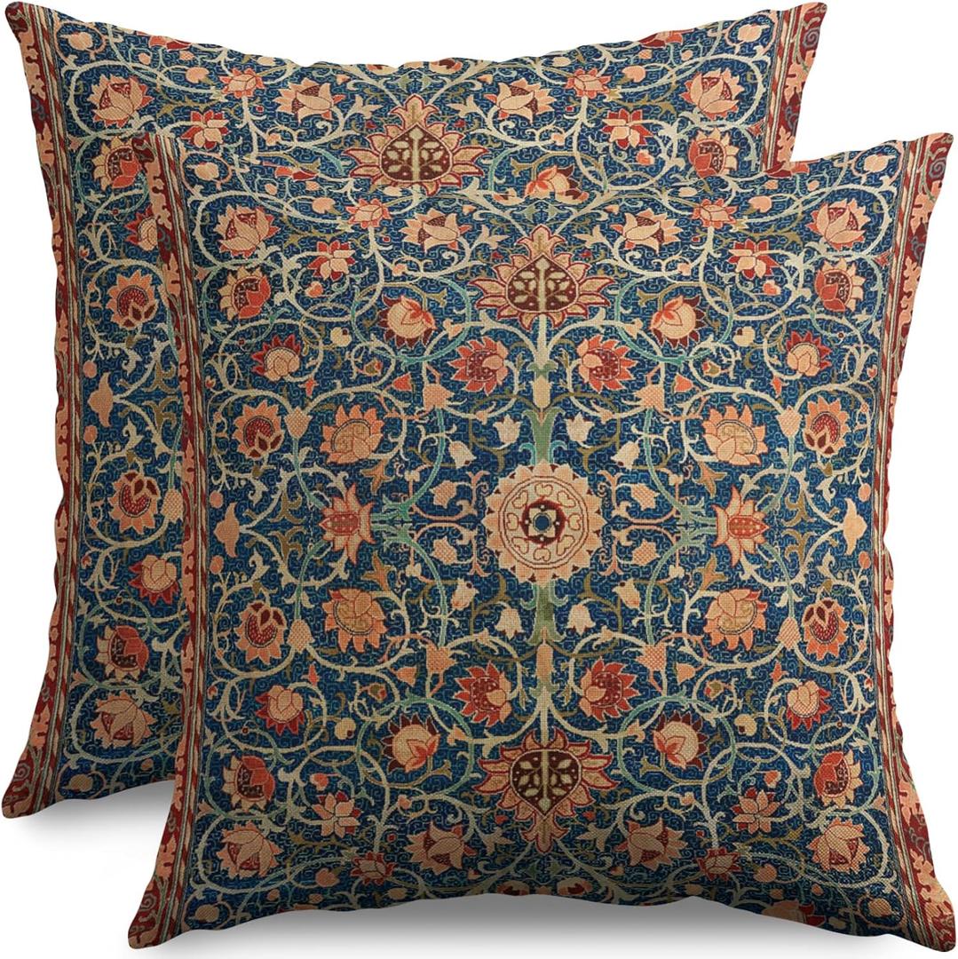Vintage Floral Pillow Covers 18x18 Set of 2 Modern Botanical Print Blue Burnt Orange Flower Pattern Decorative Throw Pillow Cases Outdoor Farmhouse Decoration for Sofa Couch Bed