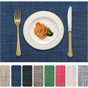 Vinyl Placemats Set of 6, PVC Woven Washable Non-Slip Table Mats, Heat Resistant Wrinkle Free Place Mats for Dining Table, Easy to Clean (6, Navy Blue)