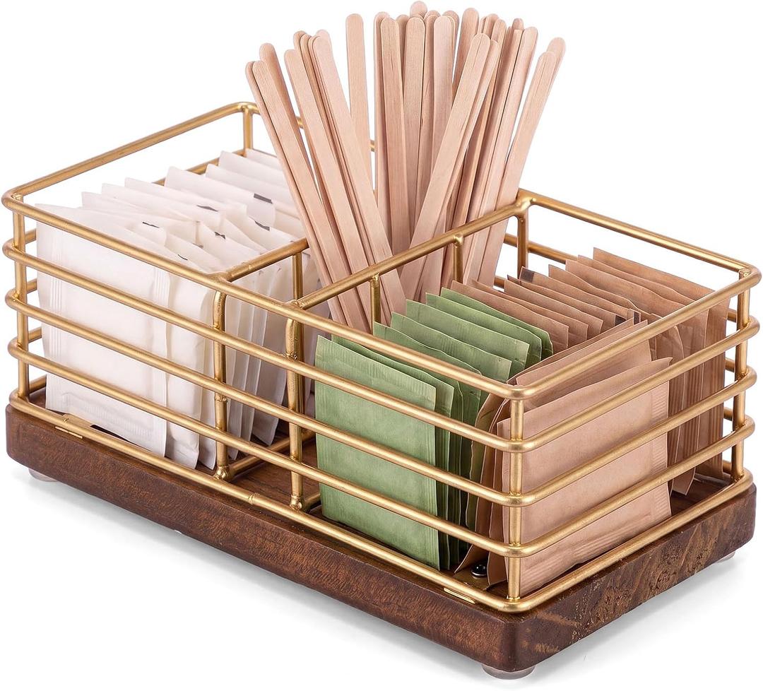 Geelin Sugar Packet Holder, Sugar Caddy, Farmhouse Metal Tea Bag Organizer, Stirrers Straws Small Condiments Packet Container for Coffee Bar, Kitchen Office Home 5.7" x 3.1" x 2.4" (Rustic Gold)