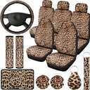 Frienda 13 Pieces Leopard Print Car Seat Covers Full Set, Leopard Accessories Set, Covers Steering Wheel Cover, Seat Pads Armrest Pad Cover Seat Belt Pads and Keychain Wrist Holder (Brown)