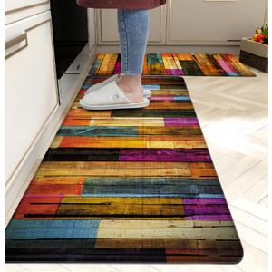 Kitchen Mats for Floor Colorful kitchen rugs Cool Wooden Abstract Anti Fatigue Kitchen Mats Waterproof Floor Mats Cushioned Non-Skid Standing Mats for Laundry, Sink, Set of 2,17.3 x 28+17.3 x 47 Inch