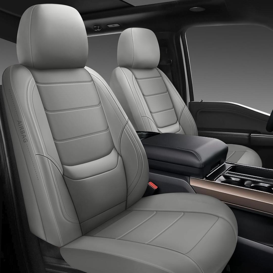 BABYBLU Leather Car Seat Covers,Universal 2 Pcs Front Seat Covers for Cars,Waterproof Automotive Seat Covers for Most Vehicles SUV Pick-up Truck (Grey, Full Set)