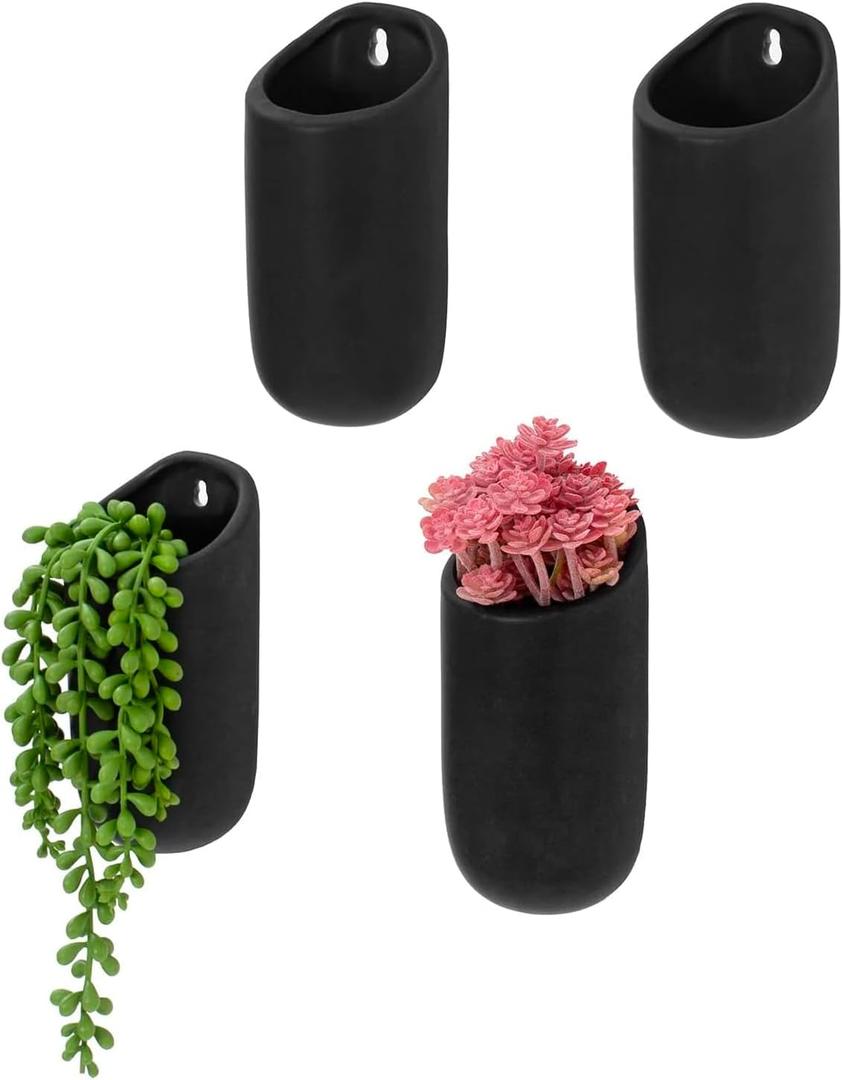 MyGift Set of 4 Mini Matte Black Ceramic Indoor Wall Planter, 6 Inch Cylindrical Wall Mounted Hanging Planter Pot for Succulents, Herbs, String of Pearls