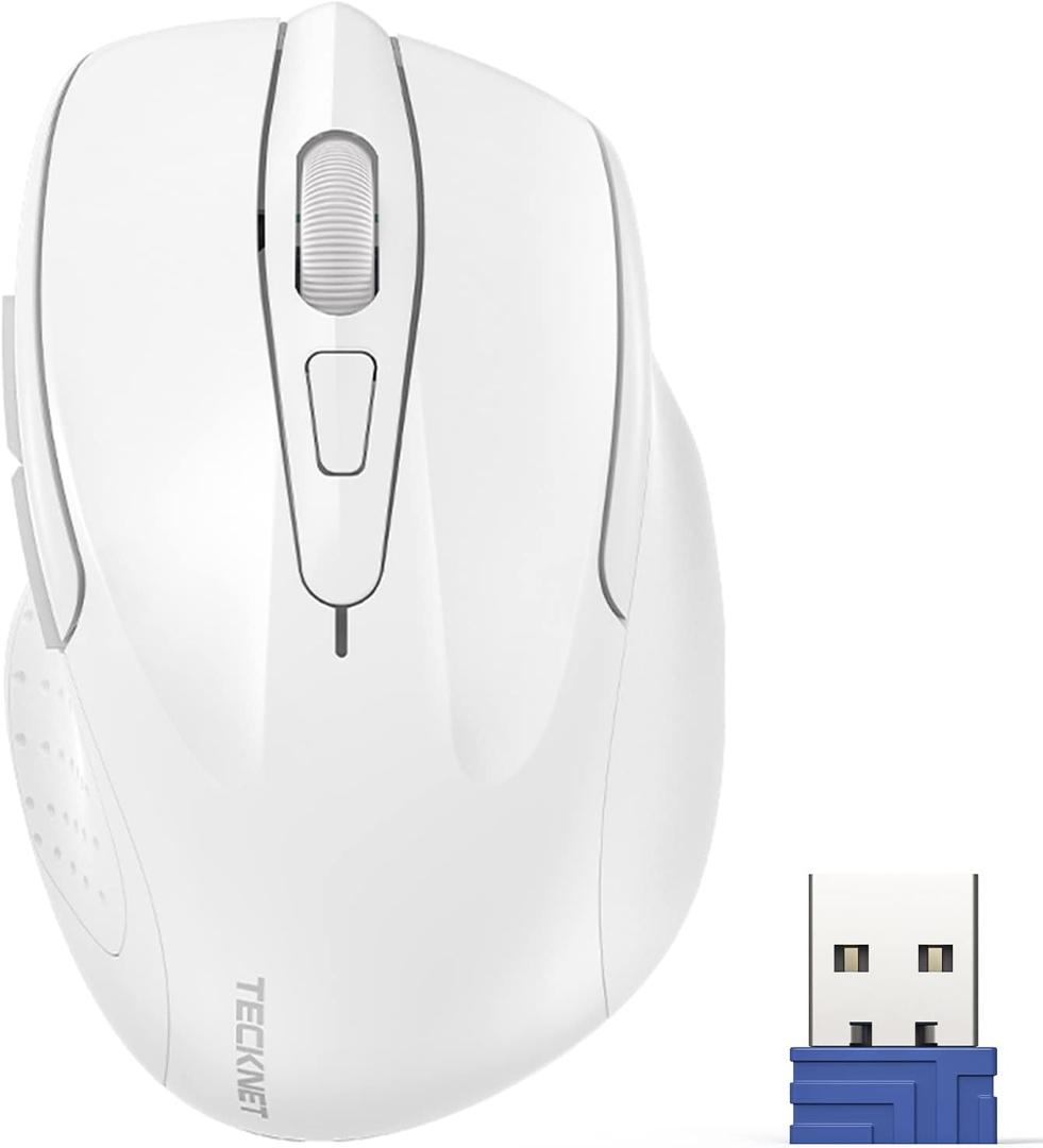 TECKNET Wireless Mouse, 2.4G Ergonomic Optical Mouse, Computer Mouse for Laptop, PC, Computer, Chromebook, Notebook, 6 Buttons, 24 Months Battery Life, 2600 DPI, 5 Adjustment Levels - White