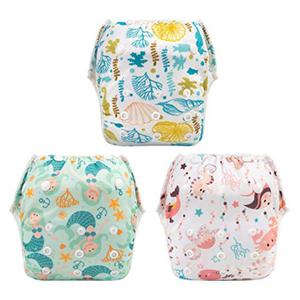 Babygoal Baby Girl Swim Diapers 3 Pack for 0-8 Months Infant, Reusable Adjustable Washable for Swimming Lessons-Seaweed & Sea Crab (Small)