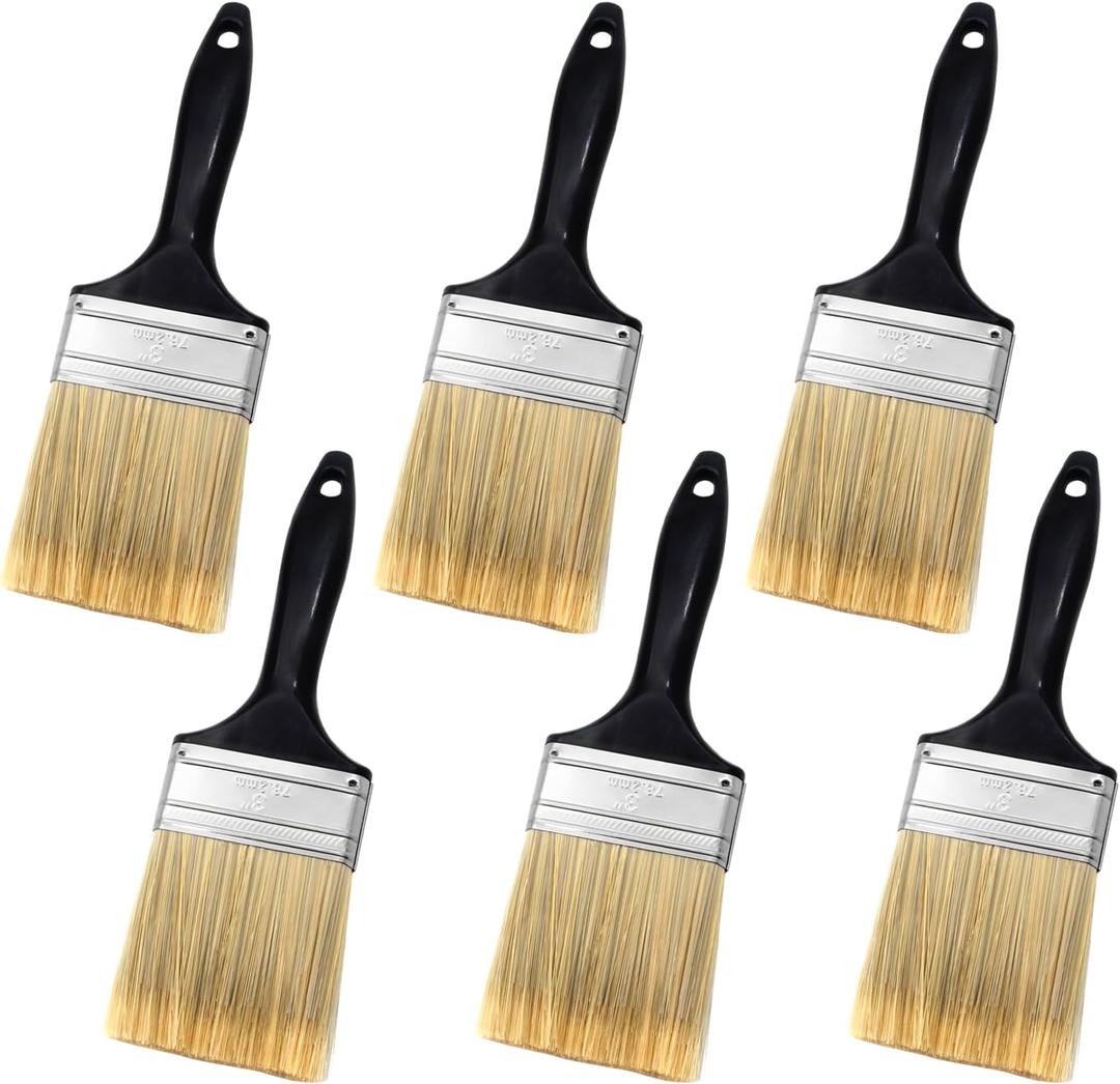 3 inch Flat Paint Brushes,Professional Paint Tools with Treated Plastic Handle for DIY Paint,Furniture,Fences,Deck,and Wall Trim (Black 6 Pack)