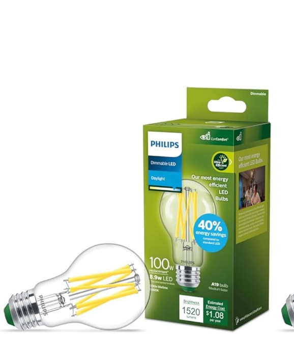 Philips LED 100W A19 1-Pack Ultra Efficient Daylight (5000K) 1520 Lumen (8.9W = 100W) Dimmable Clear Flicker-Free Light Bulbs