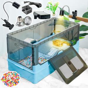 25.6x12.8x14.6 Turtle Tank Kit with Heat Lamp Filter and Wheels Aquatic Turtle Habitat and Aquarium for Small Turtles Hermit Crabs and Frogs Featuring Escape Proof Design and Easy Move Mobility Blue