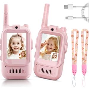 Video Walkie Talkies for Kids, Handheld 2 Pack Rechargeable Video Intercom Kids Walkies Talkies, Indoor Outdoor Toys for Family Games, Outside, Camping, Hiking for Boys Girls Ages 3-12 (Pink/Pink)