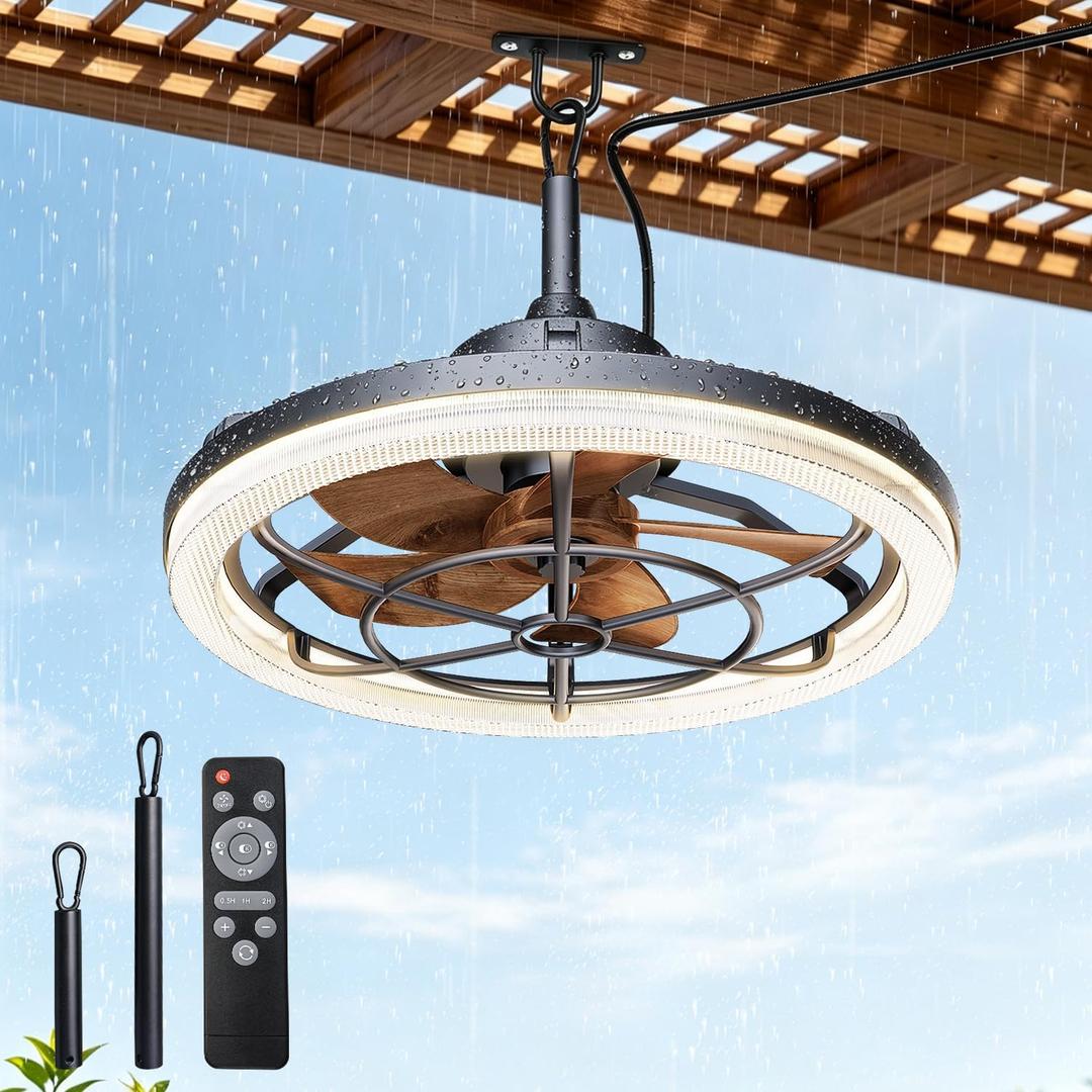 20" Outdoor Ceiling Fans with Light, IP65 Waterproof Gazebo Fan, 16.4ft Plug-in Hanging Fan Remote Control, 3CCT Dimmable, 6-Speeds, Caged Ceiling Fan for Gazebo,Patio,Pergola,Porch