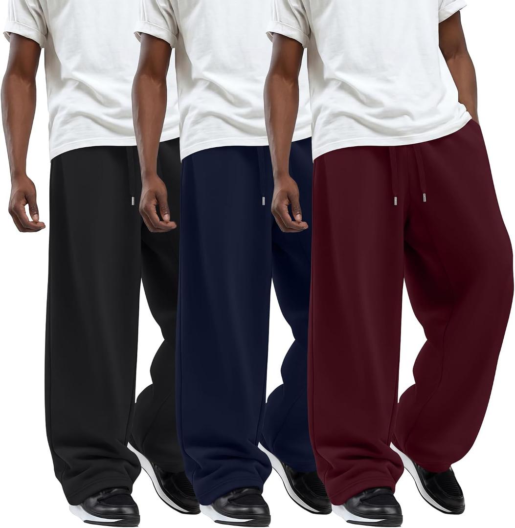 3 Pack Men's Big and Tall Sweatpants Wide Leg Open Bottom Baggy Joggers Casual Drawstring Pants with Pockets, 4XL