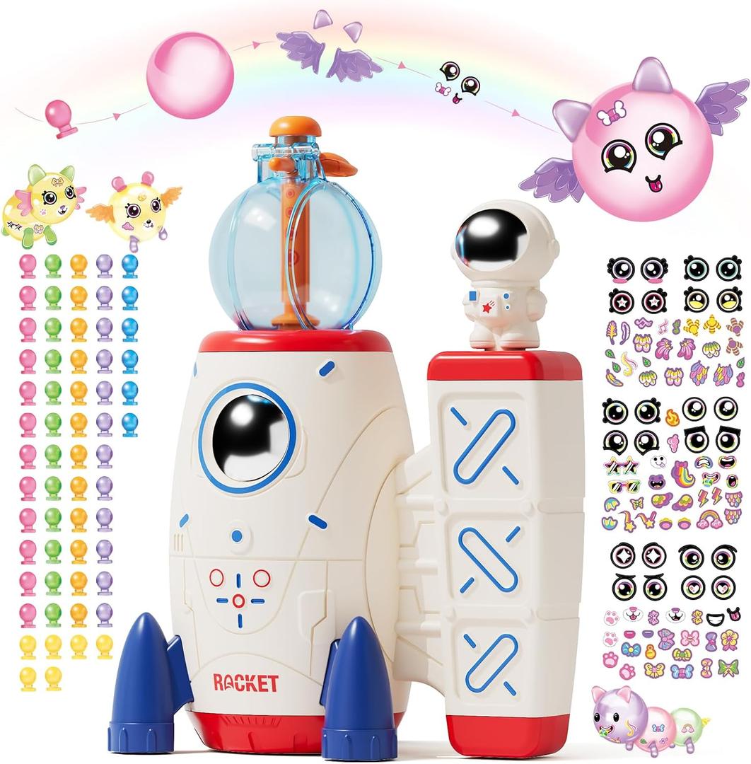 PINSHILE DIY Space Magic Balloon Craft Kit, Sticker Decorated Balloons Toy for Kids, Rocket Air Pump Fun with Balloon Monster Pals, DIY Creative Activity, Birthday Gifts for Girls Boys Ages 3+ (Off-white)