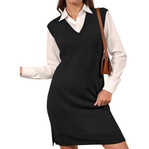 Wenrine Womens Sleeveless Sweater Vest Dress Casual Chunky Knit V Neck Loose Slit Fall Tank Midi Dresses