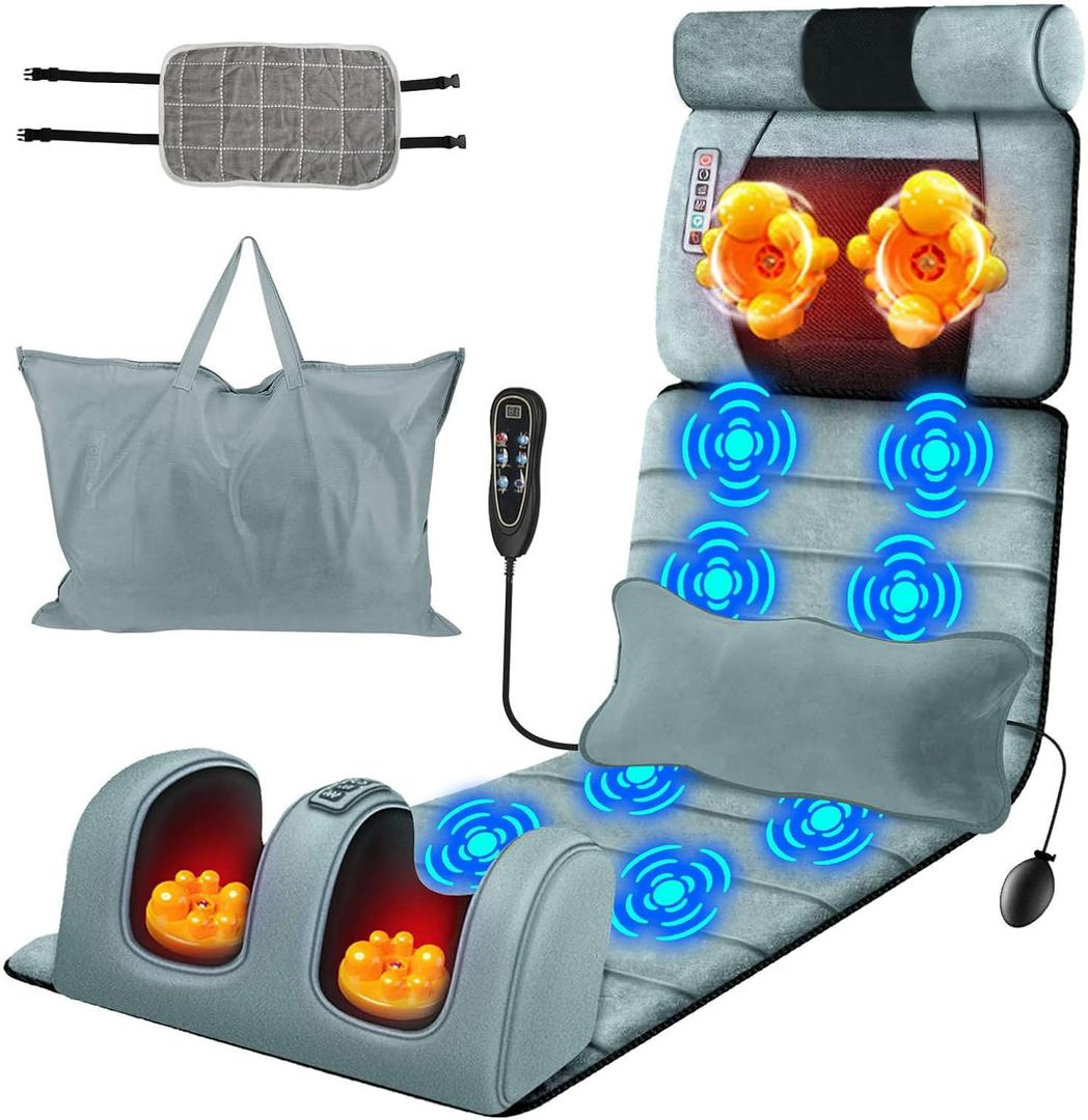 Full Body Massage Mat with Heat & Movable Shiatsu Neck Back Massager Pillow & Foot Massager, Massage Mattress Pad with Top Pillow, Lumbar Support, 10 Vibration Motors, 3 Heating Pads & 9 Massage Modes