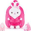Gloveleya Kids Backpack Girl Backpack Toddler Girl Backpacks with Stuffed Bunny Toy Rose Red 9''