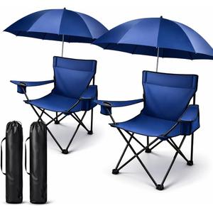 2 Pack Portable Folding Camping Chairs with Adjustable Umbrella, Outdoor Canopy Chairs with Cup Holder, Lightweight Beach Chairs for Fishing, Sports Events & Lawn (Dark Blue), 22 inches x 37 inches x 31 inches