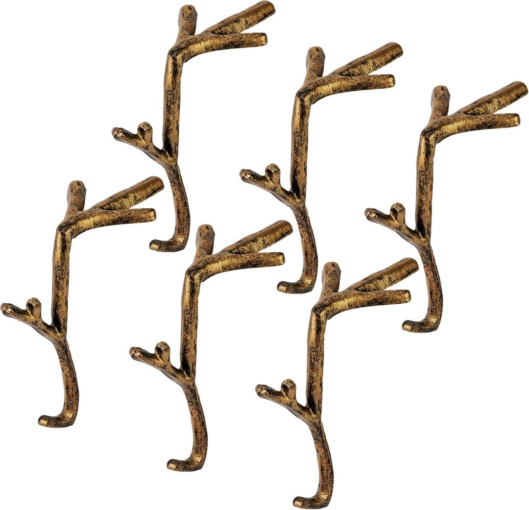 Sfcddtlg 6 Pcs Cast Iron Branch Mantle Hangers, 6 Inch Decorative Christmas Stocking Hangers with Non-Slip Pad, Brown Mantle Stocking Holder for Xmas Holiday Home Party Decoration