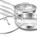 DELARLO Tri-ply Stainless Steel Frying Pan Set with Lid 10"12" Induction large Skillets Chef's Pan,Pots and Pans Set Kitchen Cookware Set Suitable for All Stove