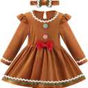 Ochine Newborn Baby Girl Christmas Romper Dress Infant Long Sleeve Fall Winter Velvet Dress Christmas Outfit with Headband (0-3 Months, Brown)