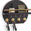 Nekon Key Holder for Wall - 9.8 Inch Apartment Wall Decor with Shelf and 8 Key Hooks, Circular Wood Key Hanger for Home Decor (Black with Golden Hooks)